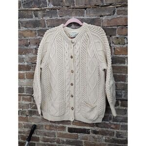 VTG Irish Fisherman Handknit Aran Wool Cardigan Cream Woolen Forge Barbas Mor XL